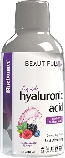 Nutrition Beautiful Ally Ácido Hialurônico Líquido, Nutre a Pele Radiante*, Não-OGM, Vegano, Certificado Kosher, Livre de Glúten, Livre de Soja, Livre de Laticínios, Sabor de Frutas Vermelhas, 16 fl - Bluebonnet