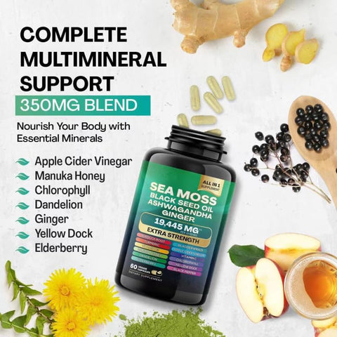 Generic - Óleo de Semente de Cominho Preto, Ashwagandha, Gengibre, Cúrcuma, Alga Marinha, Bardana, Vitamina D3, Vitamina C, ACV, Clorofila, Manuka, Sabugueiro, Dente-de-leão – 60 Cápsulas