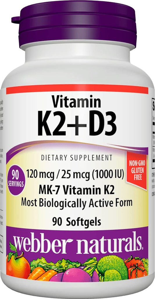 Vitamina K2 MK-7 (120 mcg) com Vitamina D3 (1.000 UI), 90 Softgels, Suporte para Ossos, Dentes e Sistema Cardiovascular, Suplemento de Vitamina, Livre de Glúten e Não-OGM - Webber Naturals