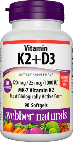 Vitamina K2 MK-7 (120 mcg) com Vitamina D3 (1.000 UI), 90 Softgels, Suporte para Ossos, Dentes e Sistema Cardiovascular, Suplemento de Vitamina, Livre de Glúten e Não-OGM - Webber Naturals