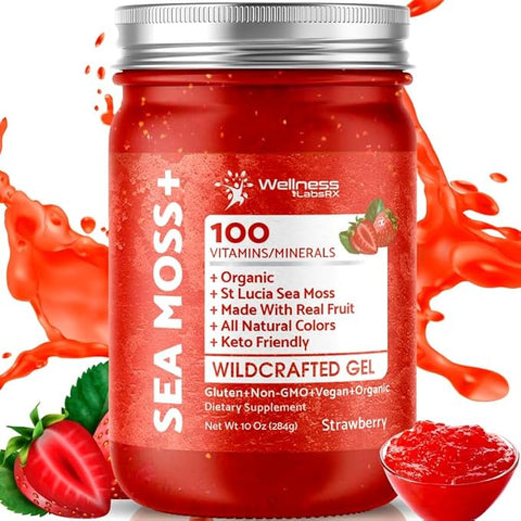 WELLNESS LABSRX - Gel de Musgo do Mar Irlandês Orgânico Cru – Gel de Superfood de Musgo Selvagem – Sabor Morango, Rico em Vitaminas e Minerais das Águas Pristinas do Caribe, Saúde Imunológica e Digestiva – Marca: Irish Sea Moss Gel