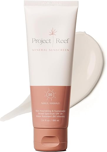 Project Reef - Protetor Solar Mineral SPF 50 Feito em Maui – Amigo dos Recifes, Seguro para o Oceano, Loção Vegana Nutritiva para Todas as Idades, Sem Resíduos Brancos, Resistente à Água, Embalagem Sustentável, 100ml