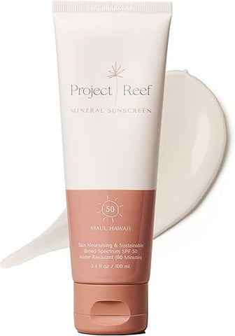 Project Reef - Protetor Solar Mineral SPF 50 Feito em Maui – Amigo dos Recifes, Seguro para o Oceano, Loção Vegana Nutritiva para Todas as Idades, Sem Resíduos Brancos, Resistente à Água, Embalagem Sustentável, 100ml
