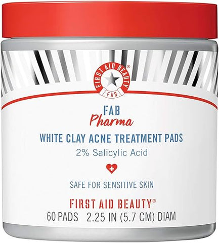 FAB Pharma Tratamento de Acne com Pads de Argila Branca 2% Ácido Salicílico, Tratamento para Espinhas, Cravos, Acne - First Aid Beauty