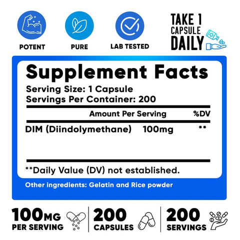 DIM 100mg 200 Cápsulas – Suprimento de 200 Dias – Suplemento Diindolylmethane DIM para Suporte aos Níveis Saudáveis de Estrogênio e Hormônios - We Like Vitamins