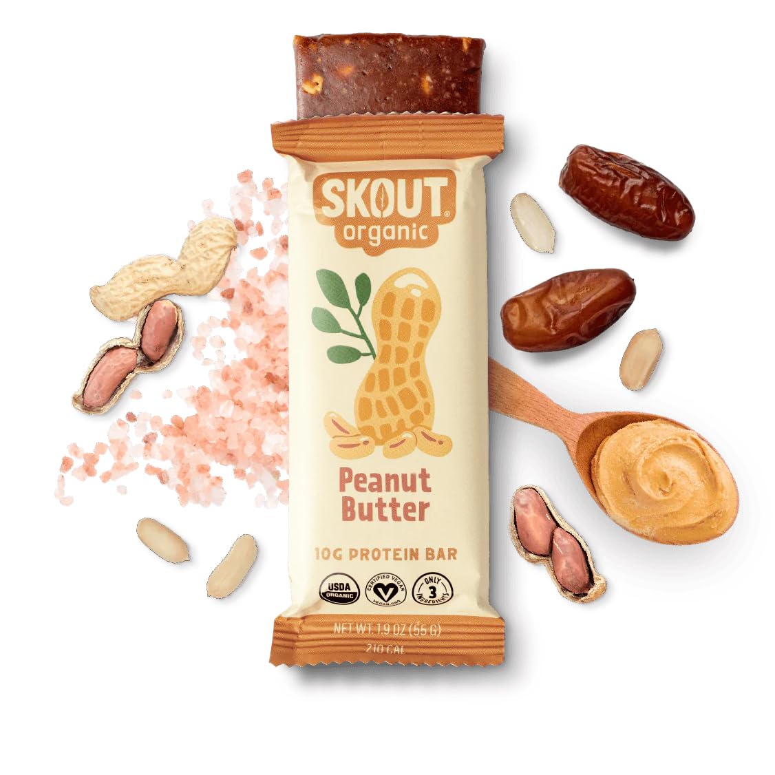 Skout Organic - Skout Barras de Proteína Vegetal Orgânica Sabor Manteiga de Amendoim (12 Unidades) – 10g Proteína – Barras Veganas de Proteína – Apenas 3 Ingredientes – Lanche Prático – Sem Glúten, Lactose