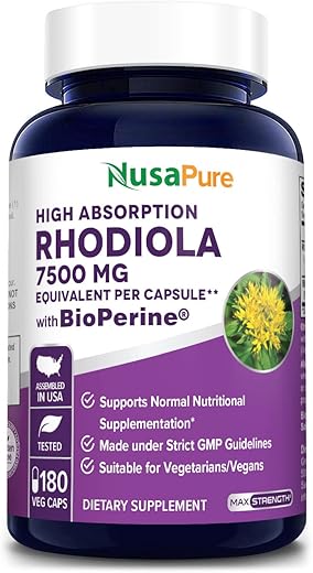 Rhodiola Rosea 7,500mg 180 Cápsulas Vegetais (Não-OGM, Extrato 30:1, Vegano) - NusaPure