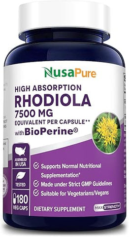 Rhodiola Rosea 7,500mg 180 Cápsulas Vegetais (Não-OGM, Extrato 30:1, Vegano) - NusaPure