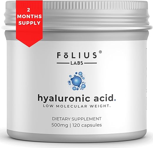 FOLIUS LABS - Cápsulas de Ácido Hialurônico de Ultra Alta Pureza 500mg – 95% Hialuronato de Sódio – Altamente Purificado e Bioacessível – Baixo Peso Molecular – Não-OGM Fermentado – 120 Cápsulas