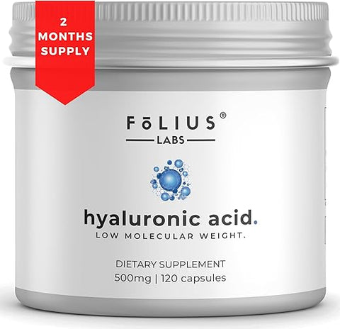 FOLIUS LABS - Cápsulas de Ácido Hialurônico de Ultra Alta Pureza 500mg – 95% Hialuronato de Sódio – Altamente Purificado e Bioacessível – Baixo Peso Molecular – Não-OGM Fermentado – 120 Cápsulas