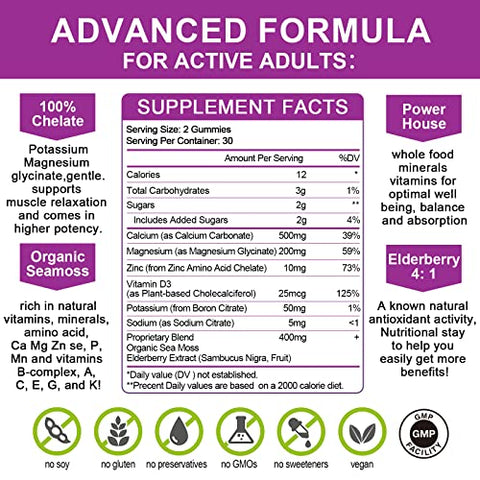 Mulittea - Gomas de Cálcio Magnésio Zinco com Alta Absorção de Magnésio Glicinato 200mg, Potássio – Suplemento de Cálcio Vegetal c/ D3