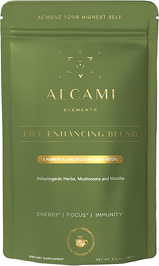 alcami elements - Pó de Cogumelo Matcha para Potencializar a Vida – Suplemento Avançado de Superervas e Cogumelos para Calma, Concentração e Suporte Imunológico – Fórmula Natural com 9 Ingredientes Poderosos – 180g