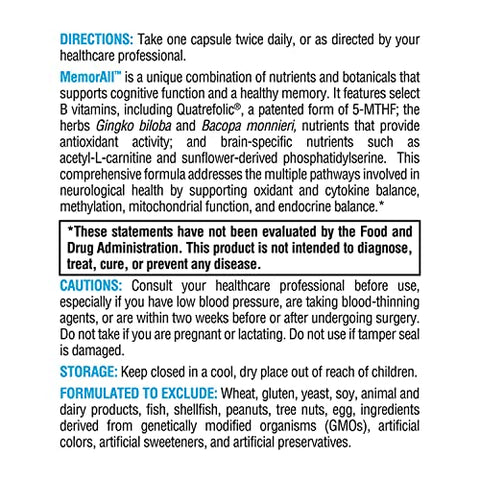 MemorAll – Suporte Cerebral – Vitaminas Botânicas que Auxiliam a Função Cognitiva e a Memória Saudável – Folate, Ginkgo, NAC, Fosfatidilserina, B12, B6 - XYMOGEN