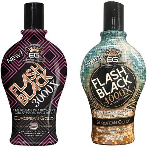 Conjunto de 2: Loção Bronzeadora para Bronzeamento Interno European Gold Flash Black 3000X com DHA de Liberação Temporizada, 12 oz (355 ml) e European Gold Flash Black 4000X com