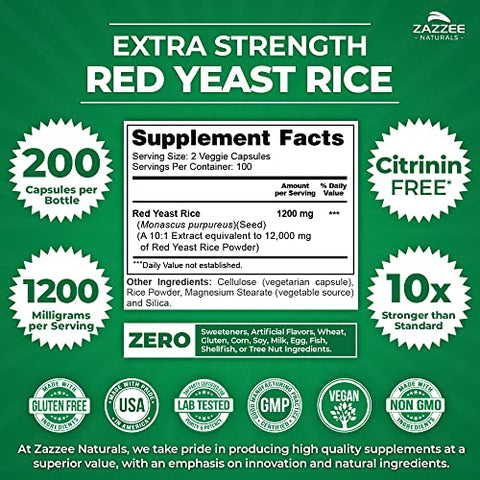 Red Yeast Rice 10:1 Extracto Forte, 1200 mg, Livre de Citrinina, 200 Cápsulas Veganas, Suprimento para mais de 3 Meses, Extrato Concentrado e Padronizado 10X, 100%% Vegetariano - Zazzee
