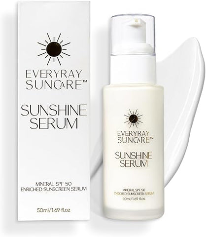 EveryRay Suncare - Sunshine Serum – Serum Mineral Enriquecido com Protetor Solar – 50 ml – FPS 50 com squalane hidratante e Vitamina C – Para Todos os Tipos de Pele e Tons de Pele