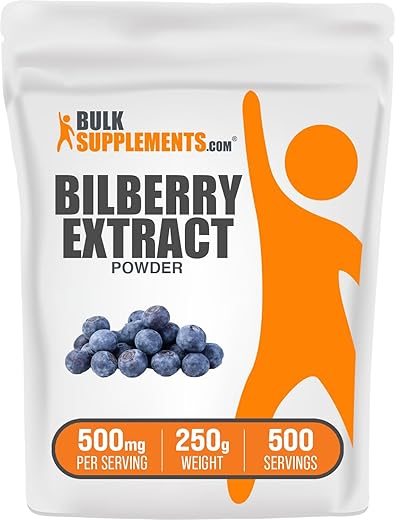 Bilberry Extract Powder BulkSupplements.com – Extrato de Frutas de Mirtilo, Pó de Mirtilo, Suplemento de Mirtilo para os Olhos – Livre de Glúten, 500mg por Porção, 250g (Pack de 1)