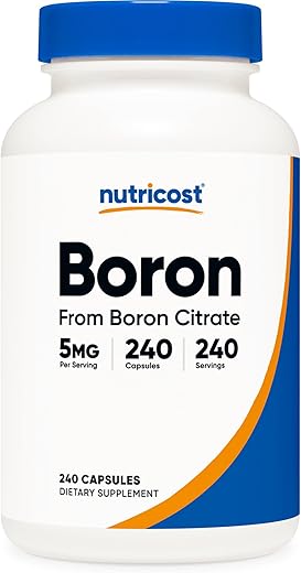 Cápsulas de Boro 5mg, 240 Cápsulas Vegetarianas – Livre de Glúten e Não-OGM - Nutricost