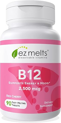 B12 Vitamina Sublingual 2.500 mcg, Metilcobalamina, Sem Açúcar, Suprimento de 3 Meses - EZ Melts