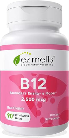 B12 Vitamina Sublingual 2.500 mcg, Metilcobalamina, Sem Açúcar, Suprimento de 3 Meses - EZ Melts