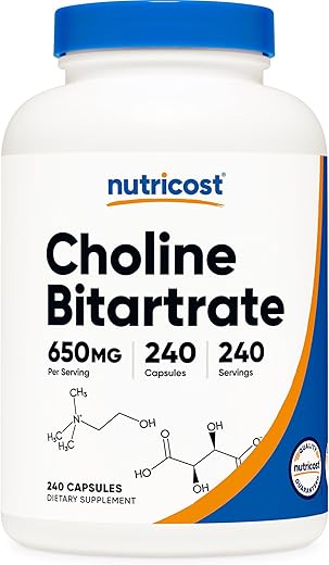 Choline Bitartrate 650mg – 240 Cápsulas Vegetarianas – Livre de OGM, Amigável para Vegetarianos, Sem Glúten - Nutricost
