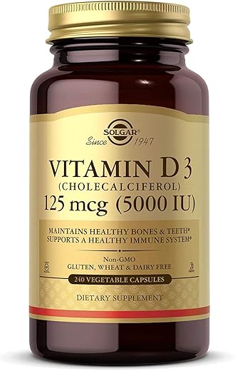 SOLGAR - Solgar Vitamina D3 (Colecalciferol) 125 mcg (5000 UI), 240 Cápsulas Vegetais – Mantém os Ossos Saudáveis