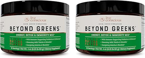 Beyond Greens Pó Concentrado de Superfood – Sabor Matcha com Chlorella, Equinácea e Probióticos para Suporte Imunológico | 100g - Live Conscious