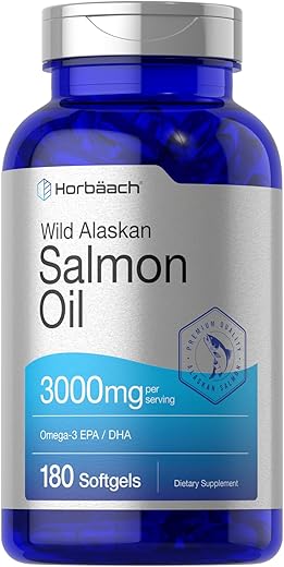 Óleo de Salmão Selvagem do Alasca Horbäach | 180 Cápsulas Softgel | Sem Glúten, Não-OGM | Alta Potência | Excelente Fonte de Ácidos Graxos Ômega-3 EPA e DHA