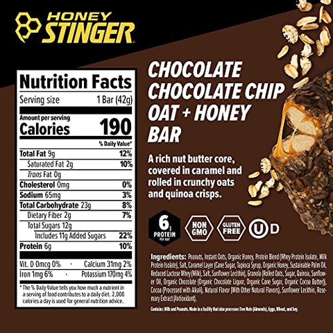 Barra de Mel de Aveia Honey Stinger | Chocolate com Gotas de Chocolate | Alimento Energético para Preparar-se para o Exercício, Resistência e Desempenho | Lanche Nutricional Esportivo | Pré-Treino, Energia Duradoura | 100% Natural | Embalagem de 40g
