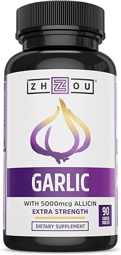 ZHOU - Zhou Nutrition – Suplemento de Alho com Allicin, Força Extra 5000mcg Allicin por Porção, Suporte ao Sistema Imunológico, Pressão Arterial e Saúde do Colesterol, 90 Porções