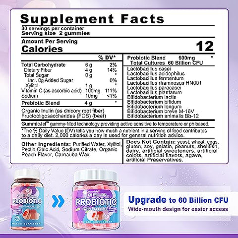 EnvyDeal - Gomas Probióticas Sem Açúcar 60 Bilhões UFC 11 Cepas com Fibras Prebióticas, Gomas Probióticas Recheadas para Saúde Digestiva de Mulheres e Homens, Sabor Pêssego, Auxilia a Constipação