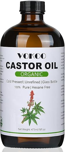 VOKOO - Óleo de Rícino Orgânico Extra Virgem Prensado a Frio em Frasco de Vidro para Crescimento Capilar, Cílios Mais Espessos, Cuidados com a Pele e Promoção do Bem-Estar Geral com Pacotes de Óleo de Rícino – 473 ml