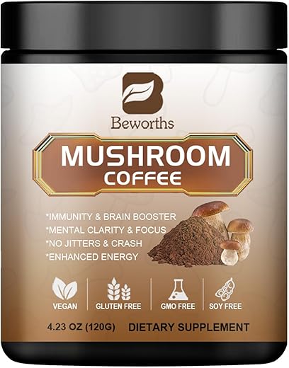 B BEWORTHS - Café de Cogumelo – Pó Instantâneo de Cogumelo do Leão com Reishi, Chaga, Cordyceps e Turkey Tail – Alternativa de Café de Cogumelo para Energia e Clareza Mental