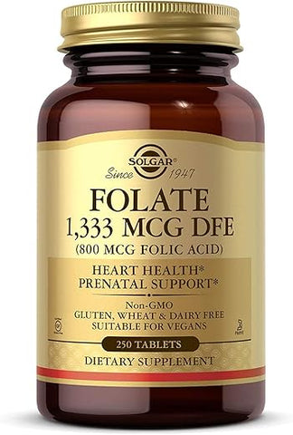 SOLGAR - Solgar Folate 1.333 MCG – 250 Comprimidos – Saúde do Coração, Sistema Nervoso Saudável, Suporte Pré-Natal – Não-OGM, Vegano, Sem Glúten, Sem Laticínios