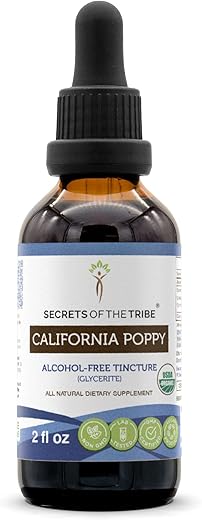 Tintura Líquida de Papoula da Califórnia Secrets of the Tribe, Extrato Líquido Sem Álcool, Orgânico Certificado USDA, Raiz Seca de Papoula da Califórnia (Eschscholzia Californica) 60 ml