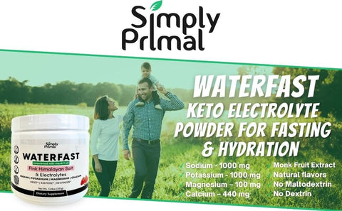 Simply Primal - Pó Eletrolítico Monk Fruit Keto WATERFAST para Jejum e Hidratação – Sabor Morango Melancia | Sal Rosa do Himalaia (Sódio), Potássio, Magnésio, Cálcio | Sem Açúcar | 100g