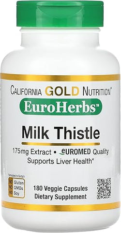 California Gold Nutrition - Extrato de Cardo Mariano, Suporte à Saúde do Fígado, Padronizado para 80% de Flavonoides de Silimarina, 175 mg, 180 Cápsulas Vegetarianas