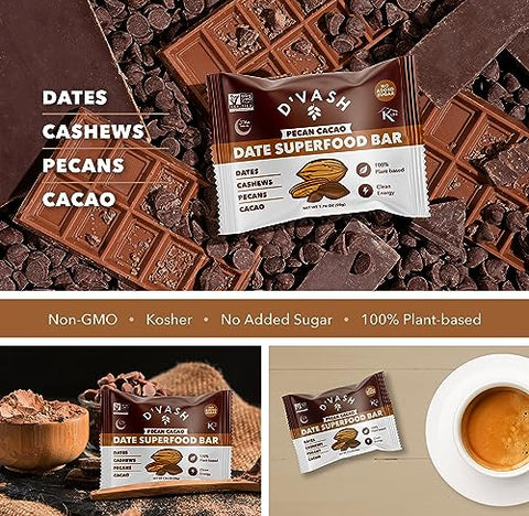 D'Vash - D’vash Date Superfood Bars – Tâmaras, Castanhas de Caju, Nozes Pecan, Cacau – 6-Pack, 100% Tâmaras, Sem Açúcar Adicionado, Paleo, Não-OGM, Kosher