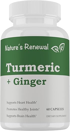 Nature's Renewal - Nature’s Renewal – Extrato de Raiz de Cúrcuma Orgânica em Pó com Gengibre – Suporte para Articulações, Curcumina Padronizada a 95%% com Pimenta Preta Bioperina – 60g
