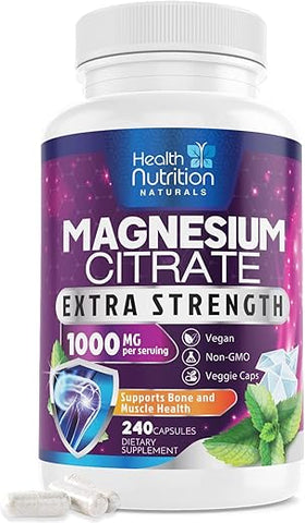 Health Nutrition Naturals - Cápsulas de Citrato de Magnésio 1000mg – Suplemento de Magnésio em Pó de Alta Absorção para Suporte Muscular, Nervoso, Ósseo e Cardíaco, Complexo de Citrato de Alta Absorção, Livre de Glúten,