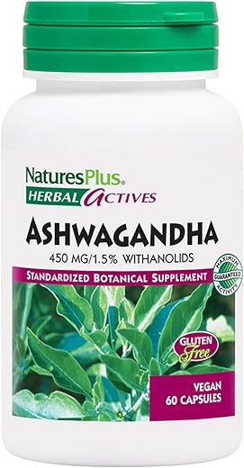 Herbal Actives Ashwagandha 450 mg – 60 Cápsulas Vegetarianas – Qualidade de Prescrição – Livre de Glúten – 60 Porções - Natures Plus