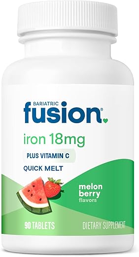 Suplemento de Ferro para Mulheres Quick Melt | Comprimidos Mastigáveis Dissolvíveis Livres de Açúcar | Ferro Ferroso Fumarato 18 mg com Vitamina C | Melão e Frutas Vermelhas | Sem Glúten, Lactose - Bariatric Fusion