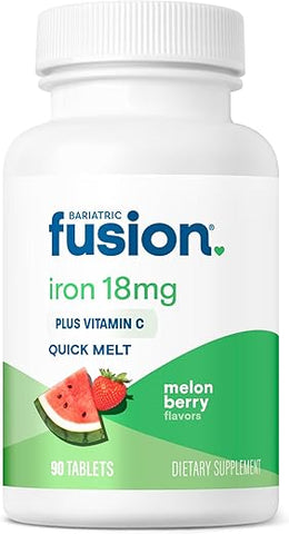 Suplemento de Ferro para Mulheres Quick Melt | Comprimidos Mastigáveis Dissolvíveis Livres de Açúcar | Ferro Ferroso Fumarato 18 mg com Vitamina C | Melão e Frutas Vermelhas | Sem Glúten, Lactose - Bariatric Fusion