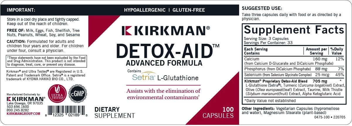 Fórmula Avançada Detox-Aid – 100 Cápsulas – Suporte Antioxidante – Ajuda a Eliminar Toxinas – Hipoalergênico - Kirkman