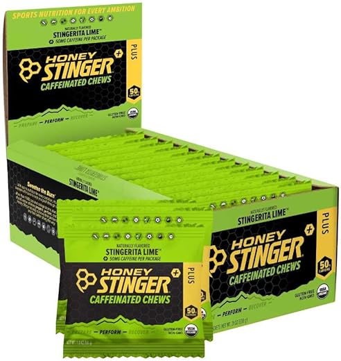 Caffeinated Energy Chews – Stingerita Lime, Caixa com 12 Pacotes – Energia Natural com Cafeína – Marca Honey Stinger - Honey Stinger