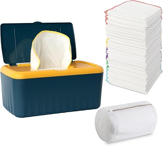 FAMOPLAY - 54 Pacotes de Lenços de Flanela Reutilizáveis para Bebês com Dispenser de Lenços Azuis, Reutilizáveis