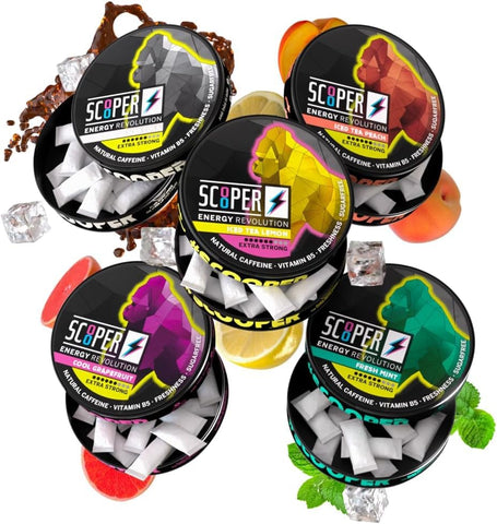 SCOOPER ENERGY - I 5 latas I Tudo em uma caixa I Sachês de Energia sem açúcar I 80 mg de cafeína natural I Pacote com todos os sabores I 12 sachês I Uva Refrescante, Hortelã Fresca, Cola Gelada, Pêssego Gelado