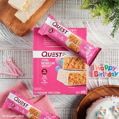 Barra de Proteína Quest Nutrition Crispy Birthday Cake – 17g Proteína, 1g Açúcar, 2g Carboidratos Líquidos, Snack Proteico Sem Glúten, Amigo da Dieta Keto, 12 Unidades