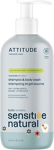 Shampoo e Sabonete Líquido 2 em 1 ATTITUDE para Bebê, Verificado pela EWG, Ingredientes à Base de Plantas e Minerais Hipoalergênicos, Produtos Veganos e Livres de Crueldade para Pele Sensível, Sem Fragrância, 250ml