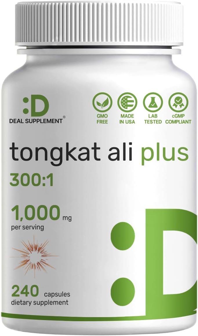 DEAL SUPPLEMENT - Extrato de Tongkat Ali 300:1 com Erva Daninha Horny Goat Weed 1.100mg, 240 Cápsulas – Longjack Indonésio